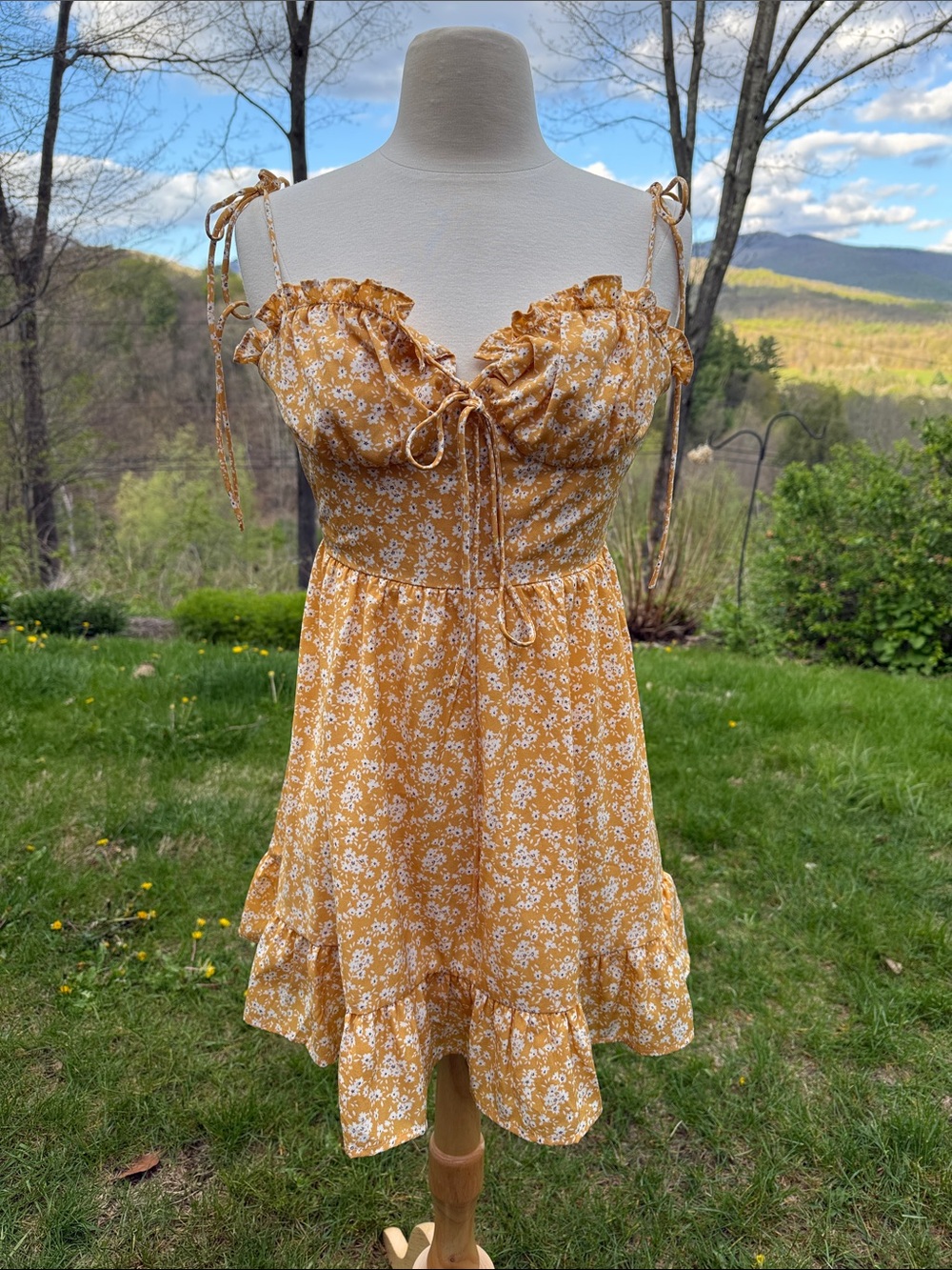 Cider Yellow Floral Ruffle Tie-Shoulder Sundress
